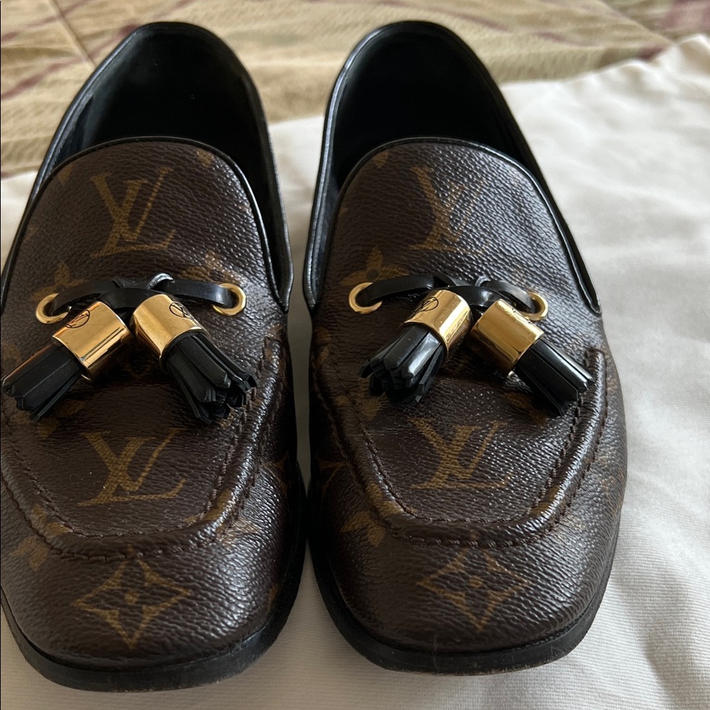 Louis Vuitton Brown Monogram Tassel Loafers with Gold Hardware